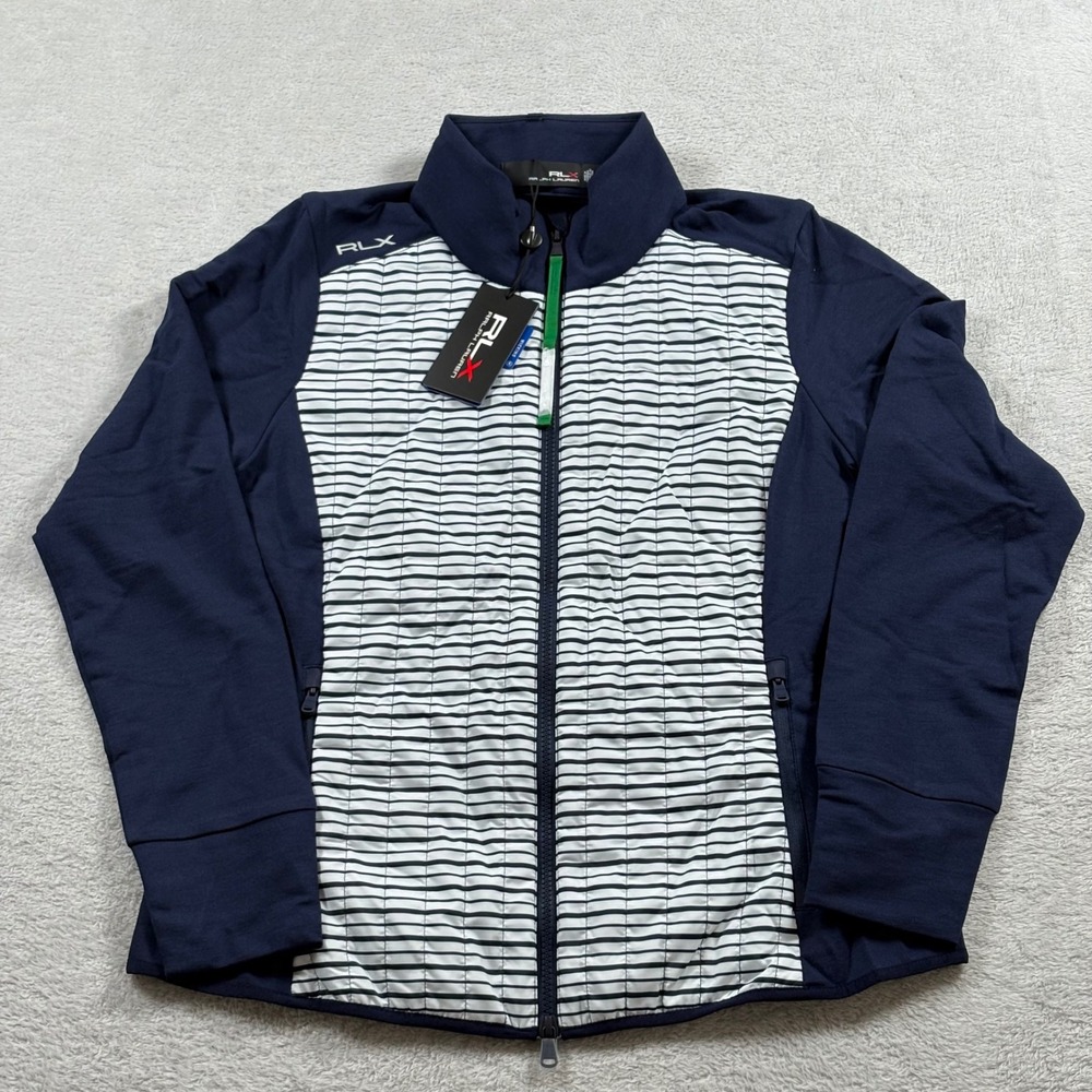 RLX Ralph Lauren Golf Women Navy Multi Striped Hybrid Quilted Zip Jacket M NEW - Picture 2 of 9